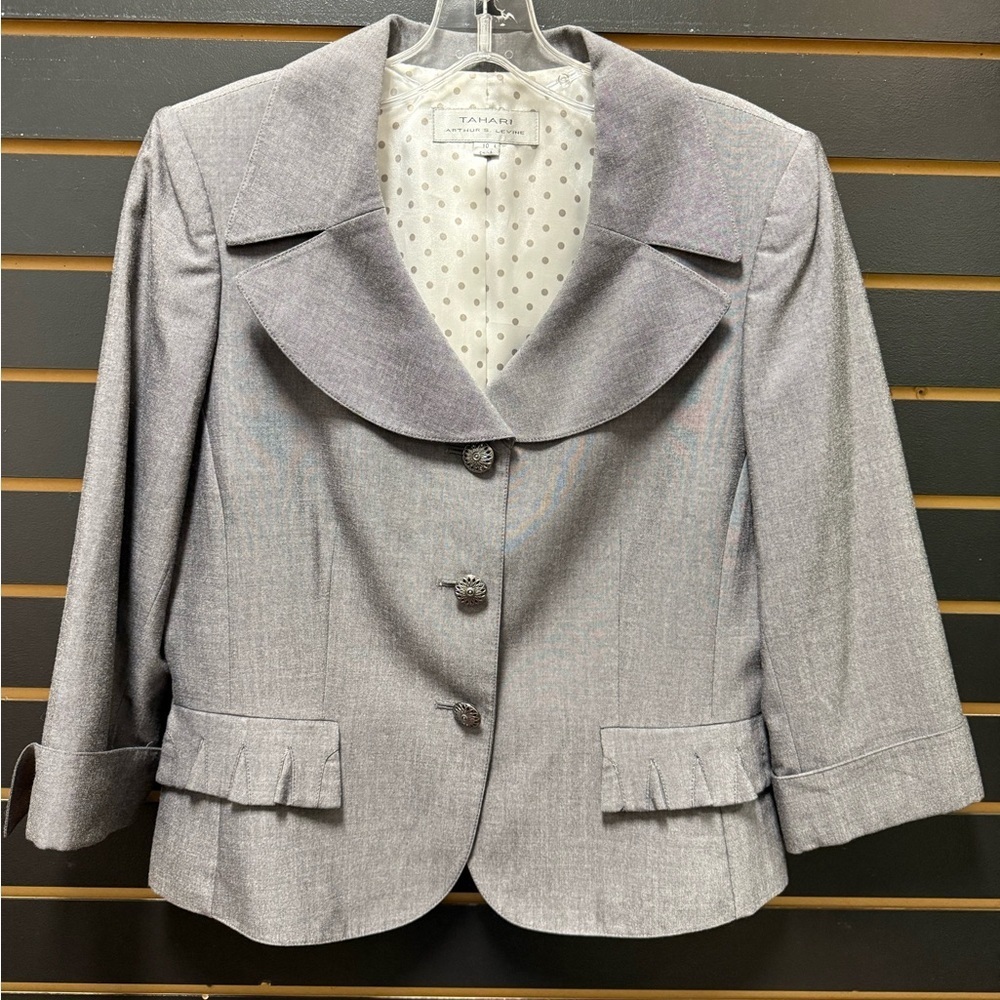 Tahari Gray Pleated Pocket Blazer Jacket 10